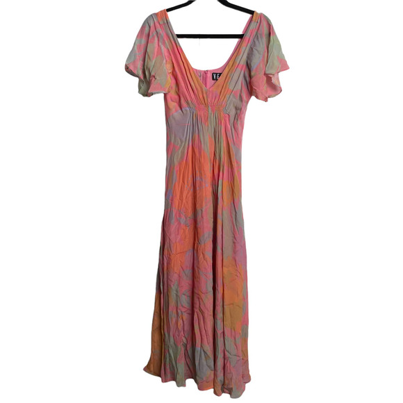 VEDA Multi Orange Printed Crepe Corazon Maxi Dress Size Medium - Picture 3 of 11